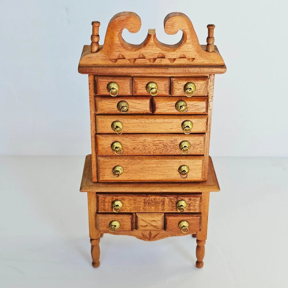 Vtg Wood Dollhouse Furniture Set Highboy Dresser Rocker Basinet Miniature Decor